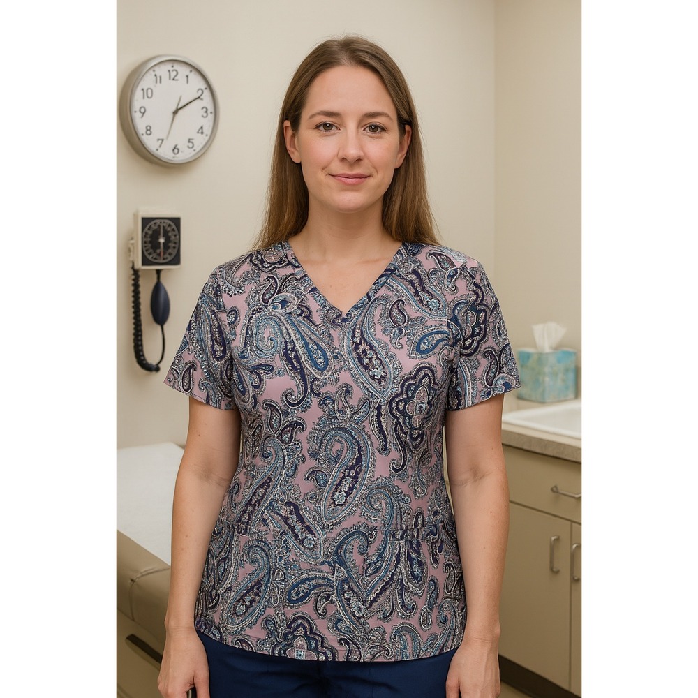 Vera Bradley Signature Womens vibrant Paisley Navy Purple V-neck Teal Scrub Top